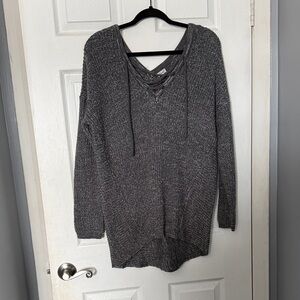 Kismet Heathered Gray Lace-Up V-Neck Knit Sweater